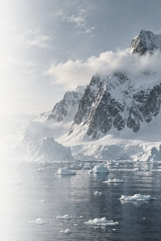 Paisaje polar con témpanos de hielo y montañas nevadas
