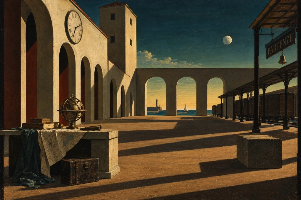 La estación de los cartógrafos ausentes, cuadro generado por IA a la maniera de Giorgio de Chirico