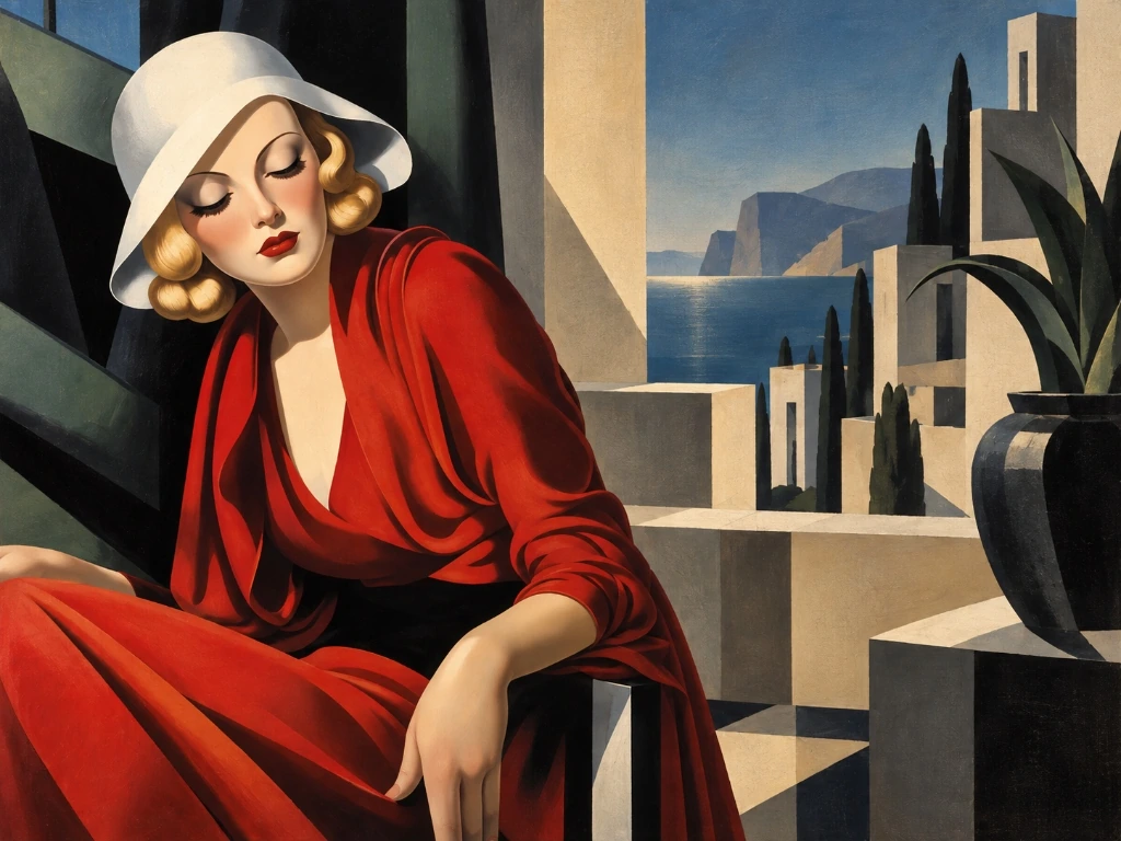 Mujer en la ventana, cuadro generado por IA a la maniera de Tamara de Lempicka