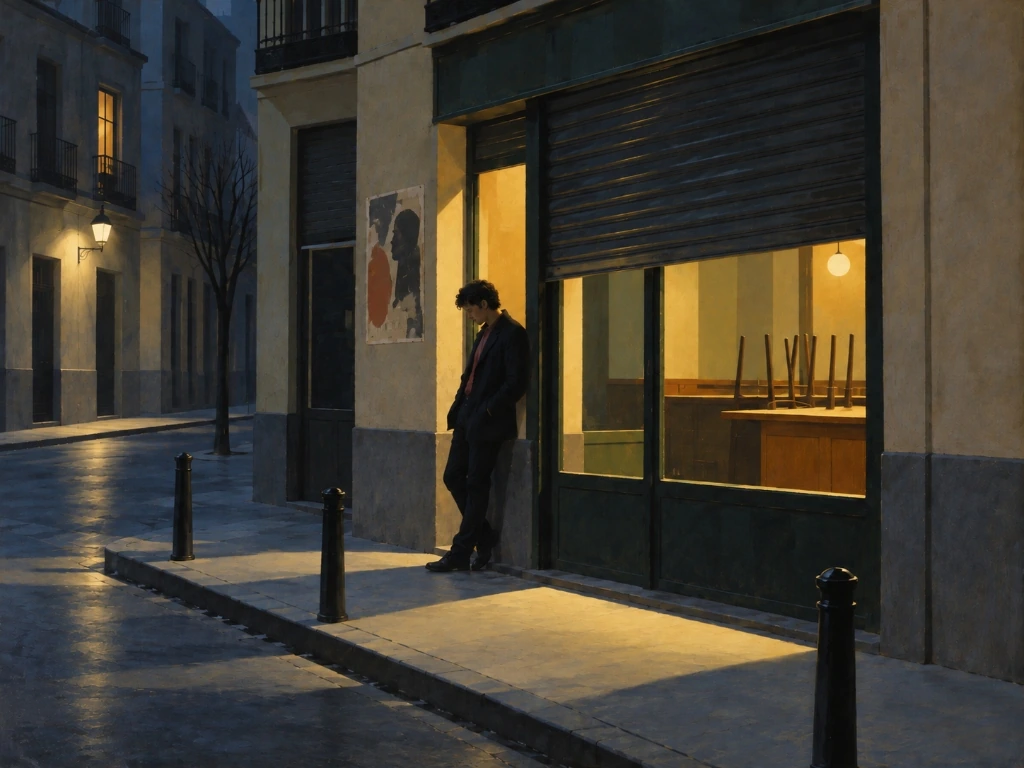 Pájaro tardío de la Movida, cuadro generado por IA a la maniera de Edward Hopper