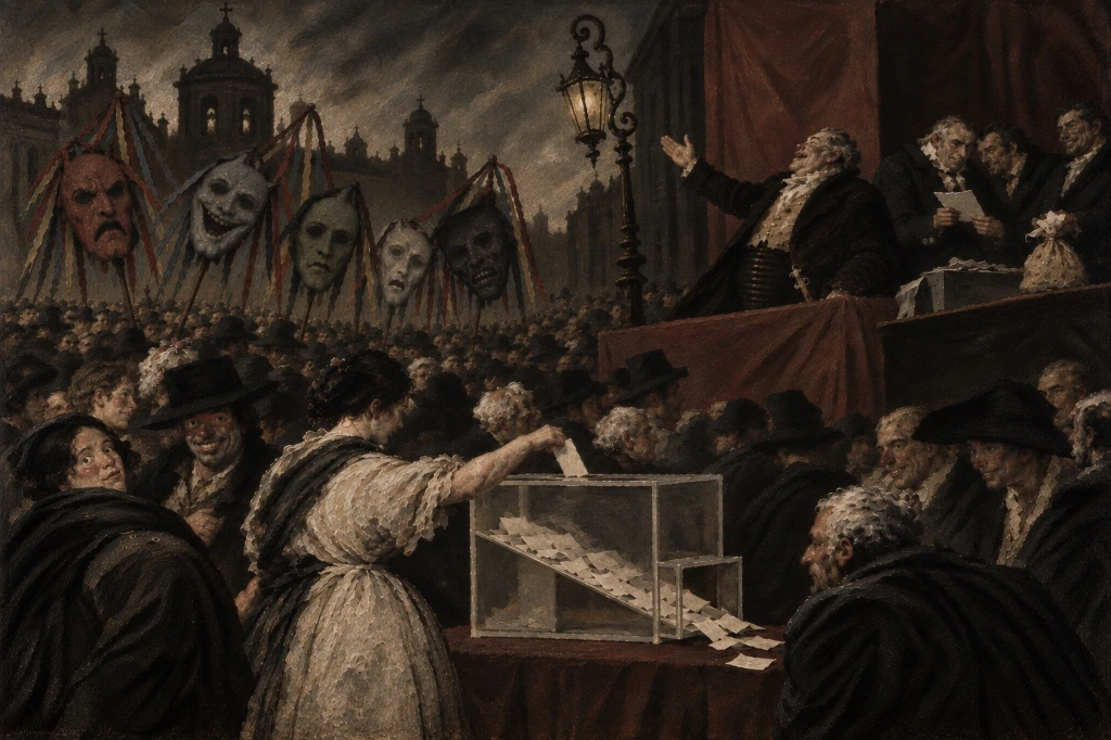 Posemocracia (Crouch), cuadro generado por IA a la maniera de Goya (Pinturas Negras)